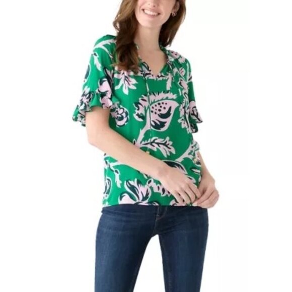 Philosophy Tie Neck Floral Blouse Top Short Ruffle Sleeves Sz Large Green Pink - Picture 1 of 9